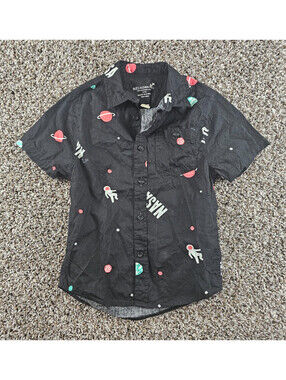Buzz Aldrin Boys Sz M Short Sleeve Button Up Shirt Outer Space Planets Astronaut